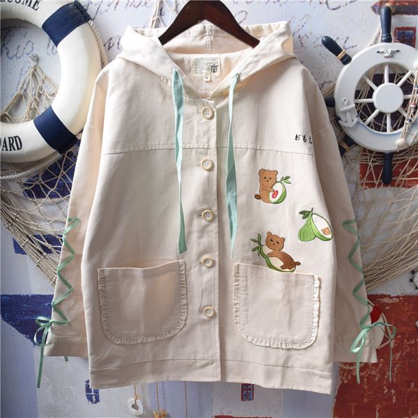 

2019 new autumn japanese mori girl bear avocado embroidery jacket outwear long sleeve lace up hooded coat female tees, Black;brown
