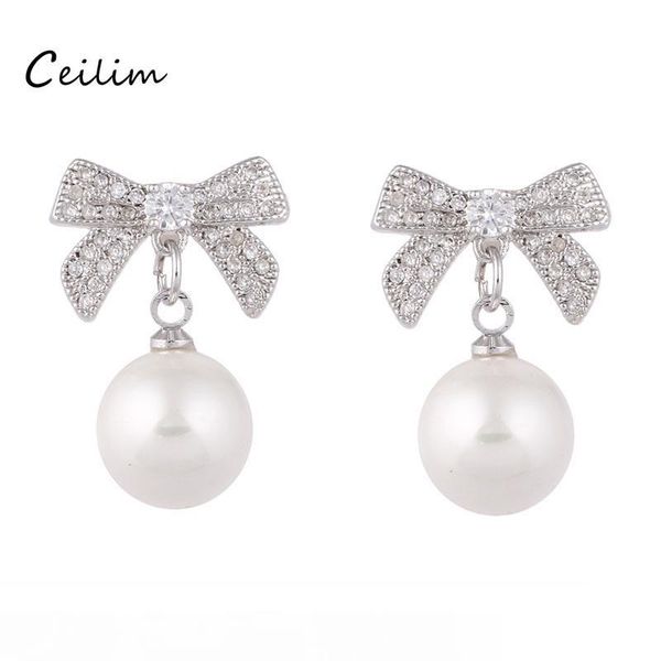 

новая мода прекрасный жемчуг серьги бантом лук серьги циркон cz камень падение мотаться серьги для женщин девушки свадебный подарок ювелирны, Golden;silver