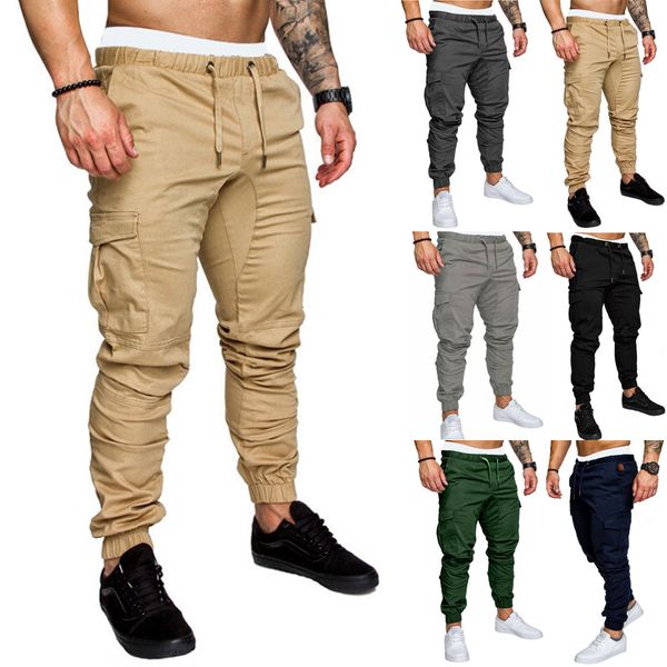 

fashion mens skinny urban straight cargo pants leg trousers casual pencil jogger tactical cargo pants male army trousers, Black