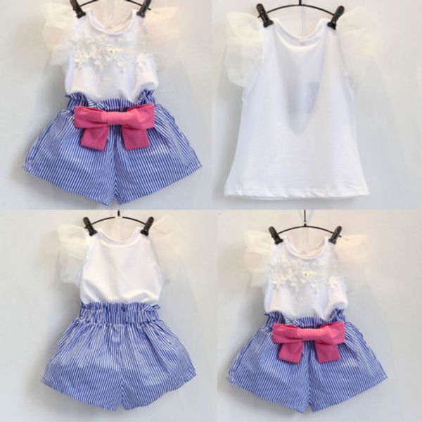 

new kids girl lace clothes shirt baby girls summer sleeveless t-shirt +bowknot striped shorts pants children outfit set, White