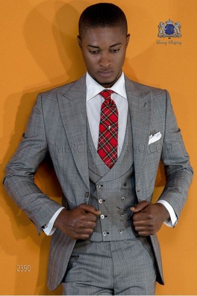 Light Grey lattice Homens Casamento Smoking Pico Lapela Um Botão Do Noivo Smoking Novo Estilo Homens Jaqueta Blazer 3 Peça Terno (Jaqueta + Calça + Gravata + Colete) 70