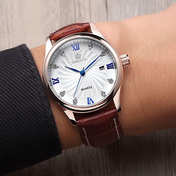 

orkina fashion luxury casual brand mens watches 3atm waterproof quartz diamonds date leather wristwatch for men dress classic, Slivery;brown