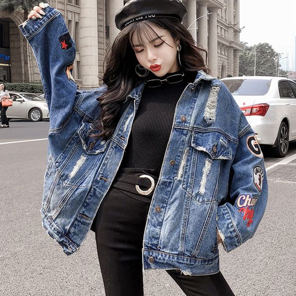 

jacket women autumn loose denim coats streetwear jeans jacket coat bf punk style ladies letter embroidery large casaco feminino, Black;brown