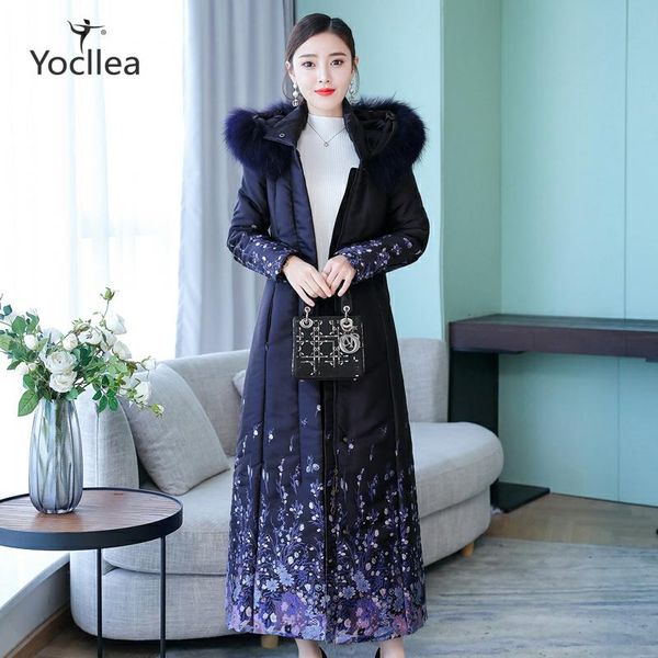 

2019 fashion print hooded long slim blue thick parkas down coats cotton padded jacket women outerwear warm, Black