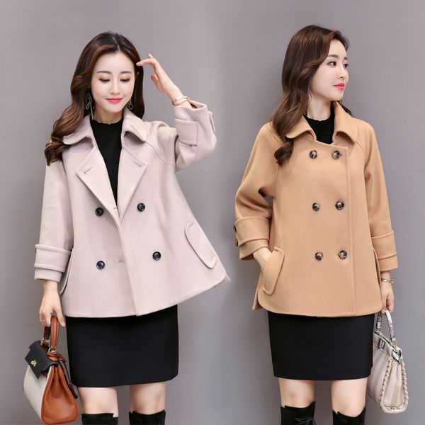 

office lady cloak womens short coats 2018 winter turn-down collar wool blend coat and jacket pockets solid ladies coats, Black