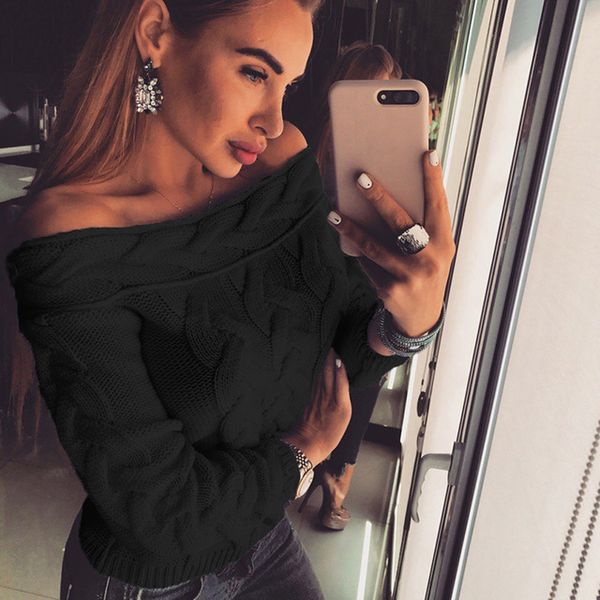 

new autumn winter long sleeve pullovers women off shoulder knitted sweater fashion lady sweater, White;black