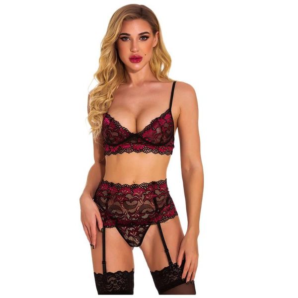 

bras sets lingerie bra set women embroidery plus size underwire hollow panty garter fashion dropship, Red;black