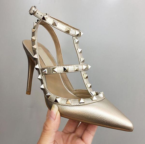 

2019 gold leather spikes women lady fashion slingback design rivets pumps pointed toe high heels sandals leather woman shoes, Black