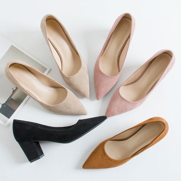 

dress shoes 2021 woman slip ons square high heels office lady flock pointed toe solid black pumps female wedding heeled