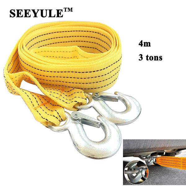 

1pc seeyule heavy duty car towing rope 4m 3 tons emergency helper trailer pull towing bar straps high strength a3 steel hook