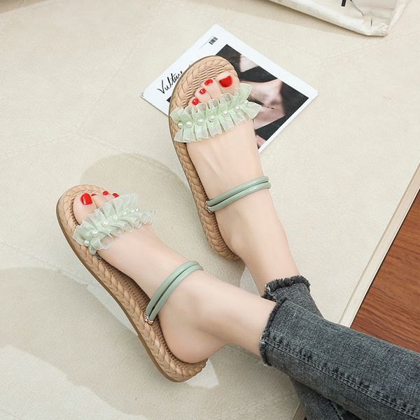 

net red sandals women's 2020 summer new all-around korean fashion lace students one shoe two flat bottom roman shoes, Black