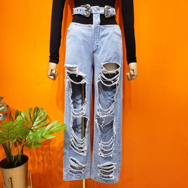 

2020 fashion double layer waist waist loose loose hole raw edge light color beggar summer jeans women 0228, Blue