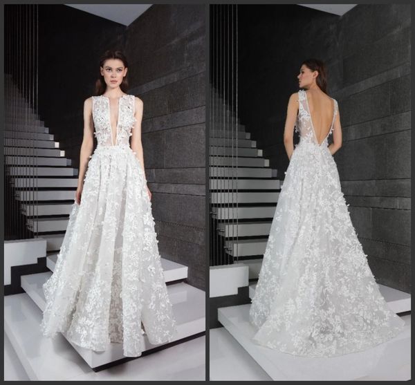 2020 Nuovi abiti da sposa in pizzo Tony Ward con scollo a V Abiti da sposa appliqued 3D Abito da sposa senza schienale Boho economici