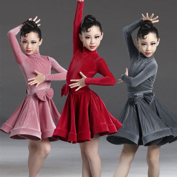 

latin dance dress full sleeve velvet dress for girl kids dance costume autumn winter ballroom tango salsa vestidos girl stage, Black;red