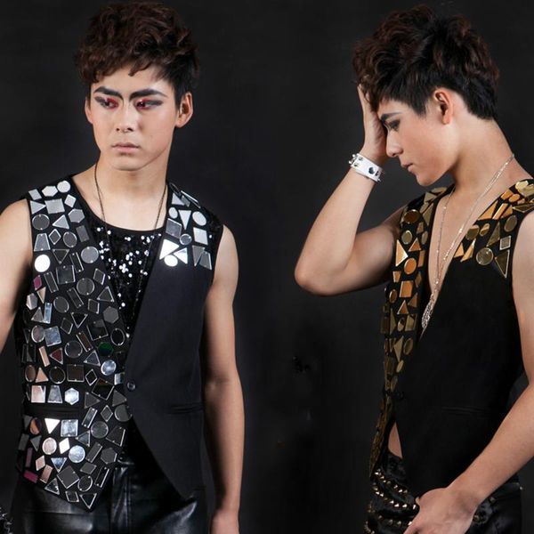 

men's nightclub dj costumes personality stage trendy bars male ds dance singer vest jacket costumes mens sleeveless suit vest, Black;white