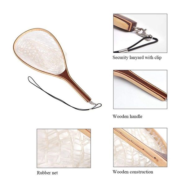 

landing net in wood frame capture and release portable net lightweight rubber