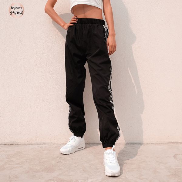 

осень бокового карандаш штаны нашивка письмо sweatpants женщина гарем мода stretch высокая талия карандаш streetwear cargo jogger, Black;white