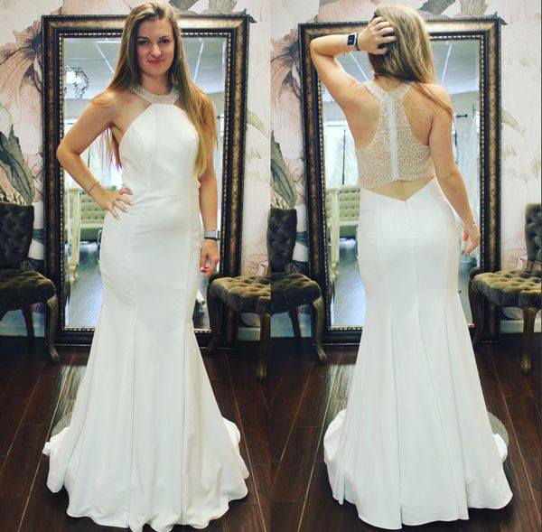 

2020 new wedding dresses halter neck sleeveless lace beading wedding gowns real images mermaid bridal dress, White