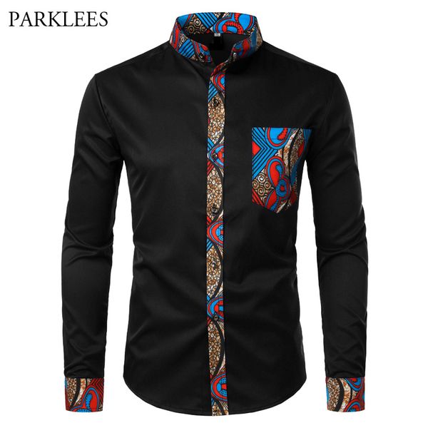 

mens black african dashiki shirts causal slim fit mandarin collar shirt men patchwork pocket long sleeve mens dress shirts xxl, White;black