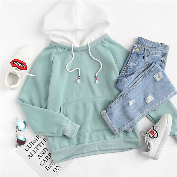 

2019 pale green hoodie women raglan long sleeve cute contrast hooded sweatshirt fall pocket drawstring hoodies pullover, Black