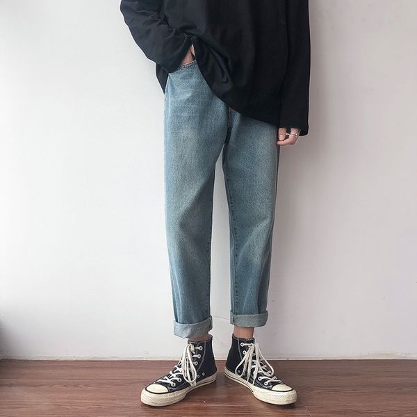 

autumn new jeans men slim fashion washed solid color casual denim trousers man streetwear wild hip hop straight jeans clothes, Blue