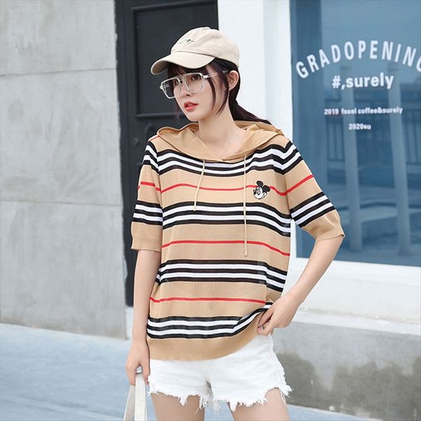 

2020 middle sleeve t- drawstring hooded silk t- shirt embroideryhead striped ice silk knitted shirt female, White