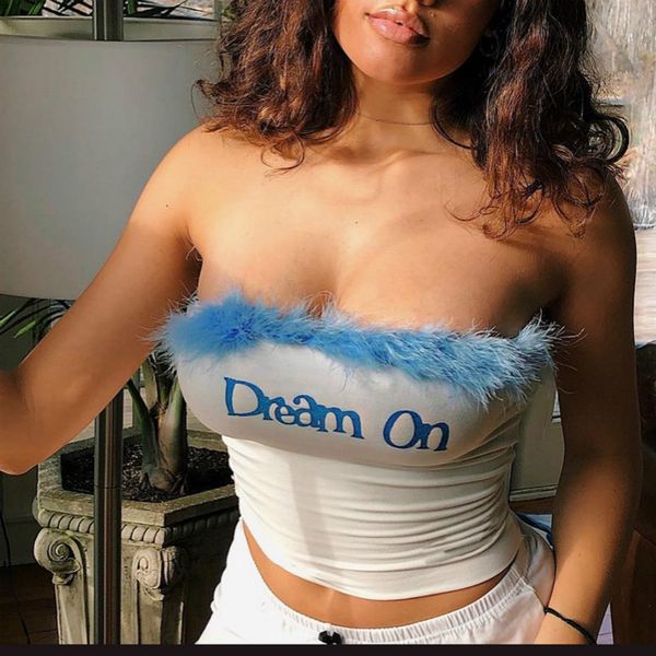 

hj сексуальное письмо вышивки без бретелек труба tophj женщин ватки fur лоскутная slash шеи тонкий corp top women lady streetwear, White