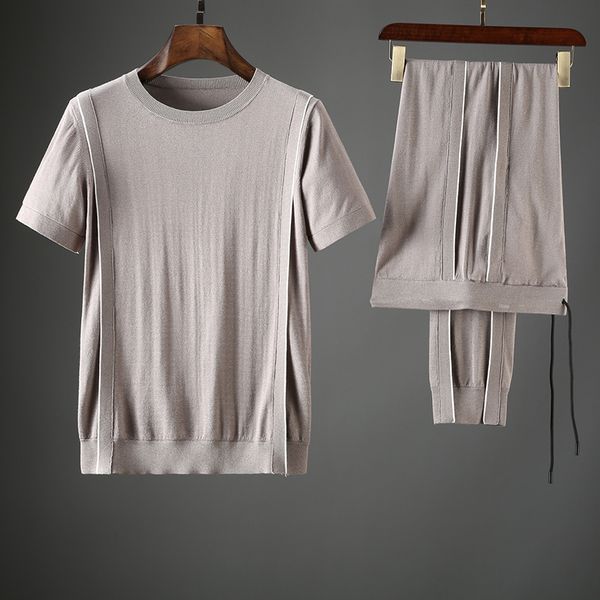 

jsbdsummer high-end knitting two-piece silk breathable fabric men leisure color contrast short sleeve leisure suit thin, Gray