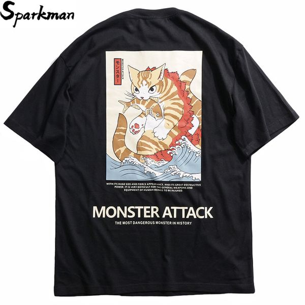 

2019 harajuku japan style funny t shirt monster cat men hip hop tshirt streetwear summer t-shirts short sleeve cotton tees, White;black