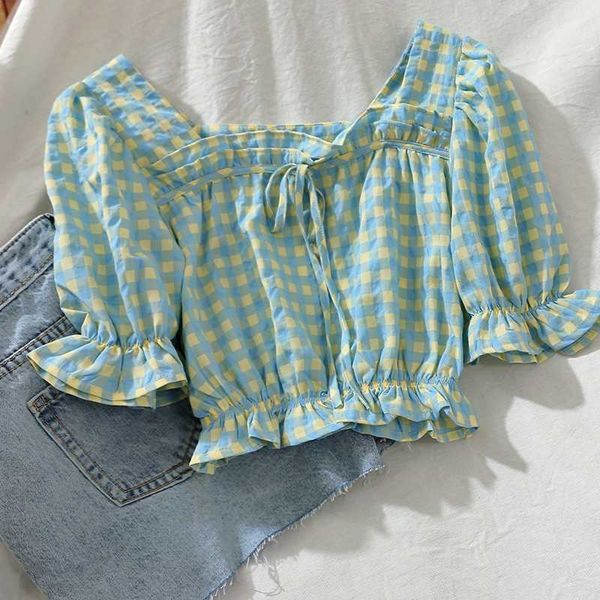 

vintage elegant blouse women shirts sqaure neck drawstring tie up front crop blouse gingham puff sleeve ladies streetwear, White