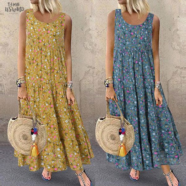 

summer bohemian beach dress plus size  5xl women fashion casual loose sleeveless floral daily long cotton and linen dress, Black;gray