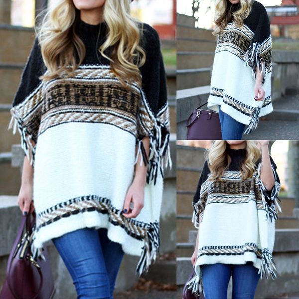 

womens turtleneck loose pullovers long sleeve streetwear stripe tassel sweater knitted cloak blouse blouses pour femmes, White;black