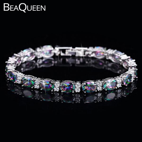 

beaqueen stylish oval round cubic zirconia mystic rainbow crystal tennis bracelets for women white gold color jewelry b035, Black