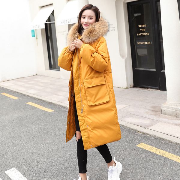 

yzeqi 2018 new style winter women coat fashion hooded fur collar medium long loose elegant down cotton parkas thicken jacket, Black