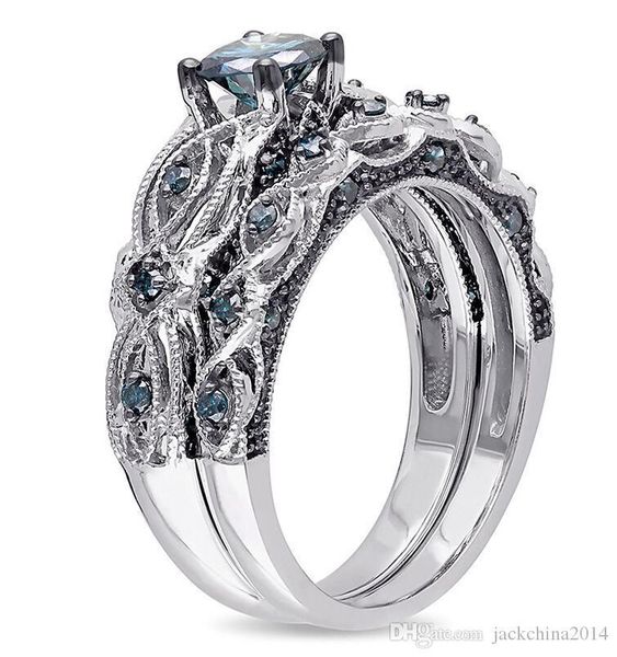 

wholesale professional luxury jewelry 18k white gold filled blue sapphire cz diamond gemstones eyes wedding women couple rings gift size5-11, Silver