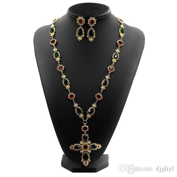 

new famous design austrian crystal metal chain colorful stone pearl cross long sweater necklace vintage baroque necklaces ing, Silver