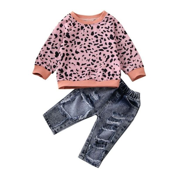 

focusnorm 1-6years 2pcs ребёнка leopard футболка top джинсовые брюки малыши детская осень outfit одежда set, White