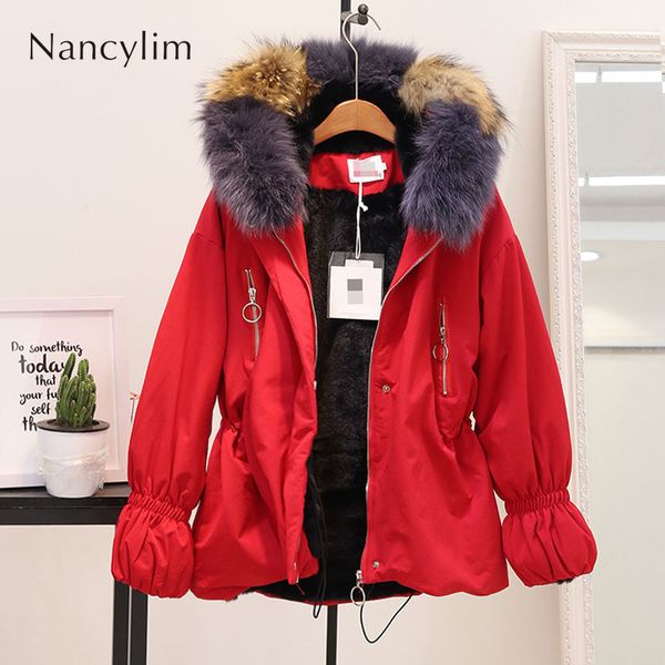 

real fur collar cotton jacket women's new winter warm coat loose hooded waist thickened cotton padded parka ladies streetwear, Black
