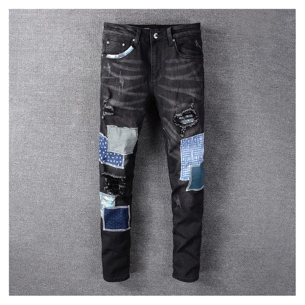 

mens designer jeans fashion tight pants luxury patchwork washed jean for womens high st brand hiphop wear kanye west 2020 winter new, Blue