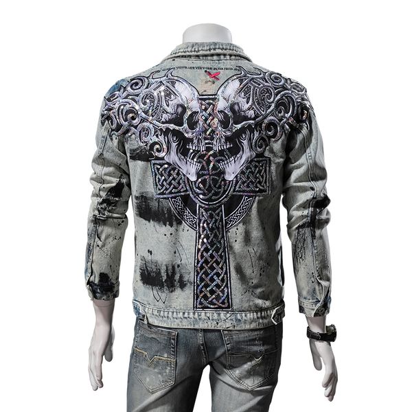 

sequin skulls punk men's denim jacket hip hop hole streetwear hipster jeans jacket fashion ink blue slim denim for male, Black;brown