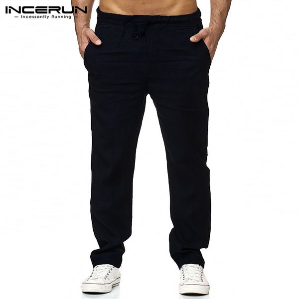 

incerun men casual pants cotton drawstring slim fit retro men straight pants joggers solid color streetwear fashion trousers, Black