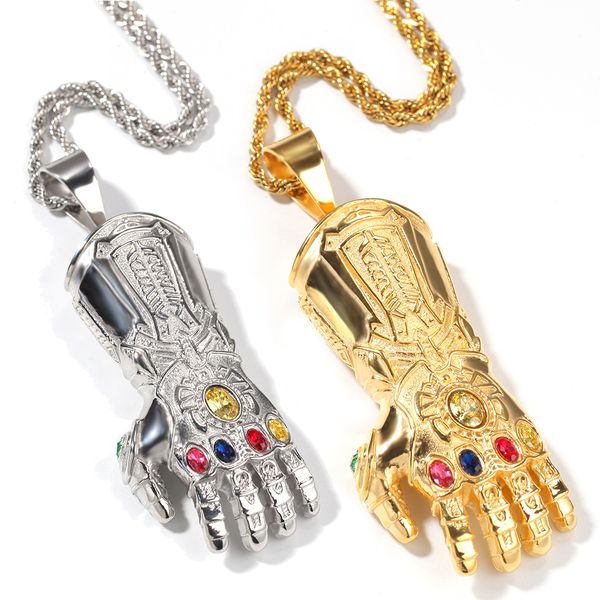 

new guys colorful diamond stainless steel mens cartoon destroy the bully glove necklace hiphop rapper jewelry lovers gifts for men women, Silver