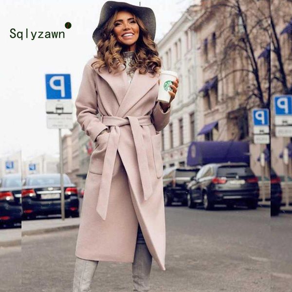 

elegant long women pink wool coat 2019 autum winter lapel belted warm blends jackets winter coats female blue jacket outerwear, Black
