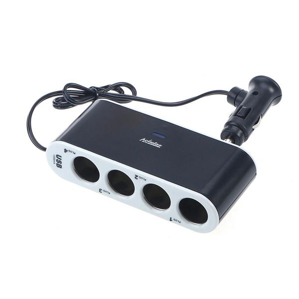 

portable 4-way dc car cigarette lighter socket splitter charger adapter with usb port /led light control black