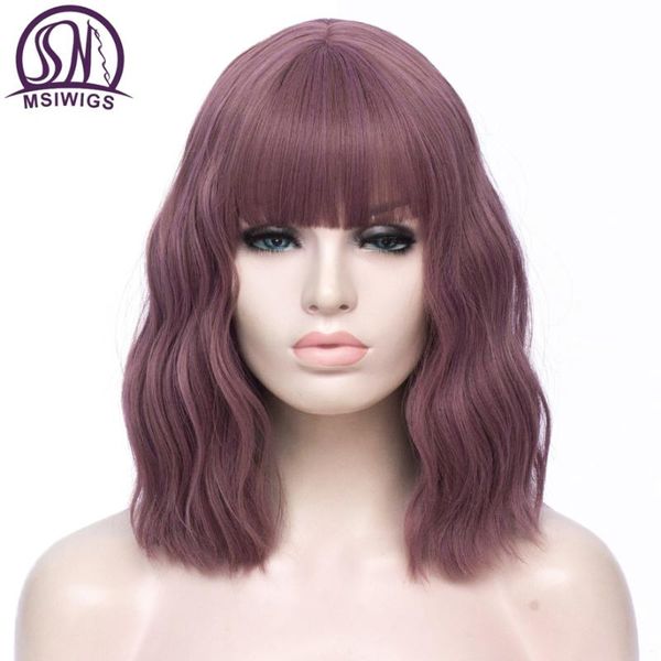 

msiwigs short bobo wavy synthetic wigs for women 14 colors cosplay purple red green natural bob wig with bang for white girl, Black