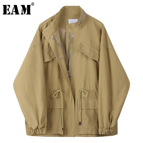 

eam] women khaki drawstring big size blazer new stand collar long sleeve loose fit jacket fashion spring autumn 2020 1x186, White;black