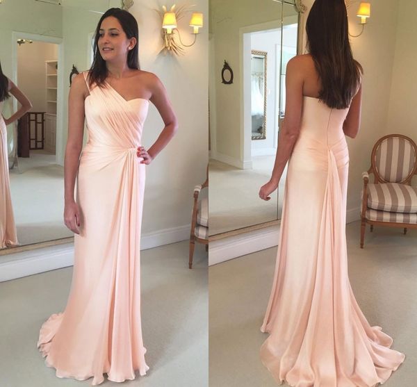 

Candy pink one houlder heath prom dre e 2019 new ruffle floor length chiffon long evening party wear bride maid dre e