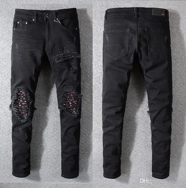 

mens ripped patches skinny black jeans designer fold distressed slim fit motorcycle biker hole beggar hip hop denim pants 573, Blue
