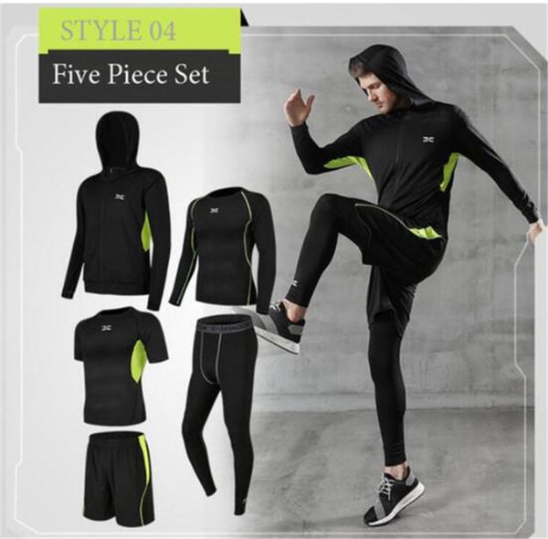 

men sportswear hooded compression sports suit man jogging running training fitness gym clothes black gray green running 5pcs/lot, Black;blue