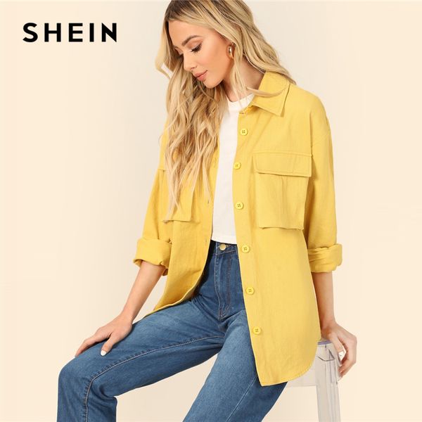 

shein yellow dual flap pocket front shirt plain jacket autumn 2019 casual regular single breasted women coat outerwear, Black;brown